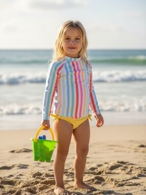 wonder nation Kids Long-Sleeve Rainbow Stripe Rash Guard with Yellow Bottoms
